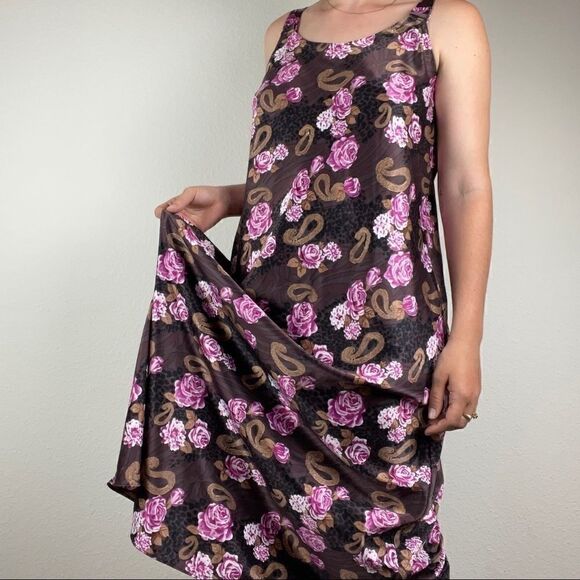 Vintage 90s Women’s 100% Silk Pink Brown Floral Maxi Nightgown Slip Dress Sz L - Picture 4 of 10